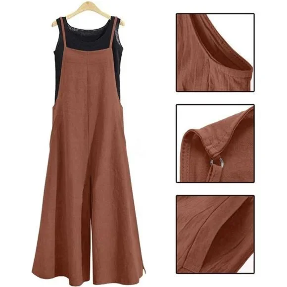 Women Loose Long Bib Pants Wide Leg Jumpsuits Brown - Picture 4 of 5